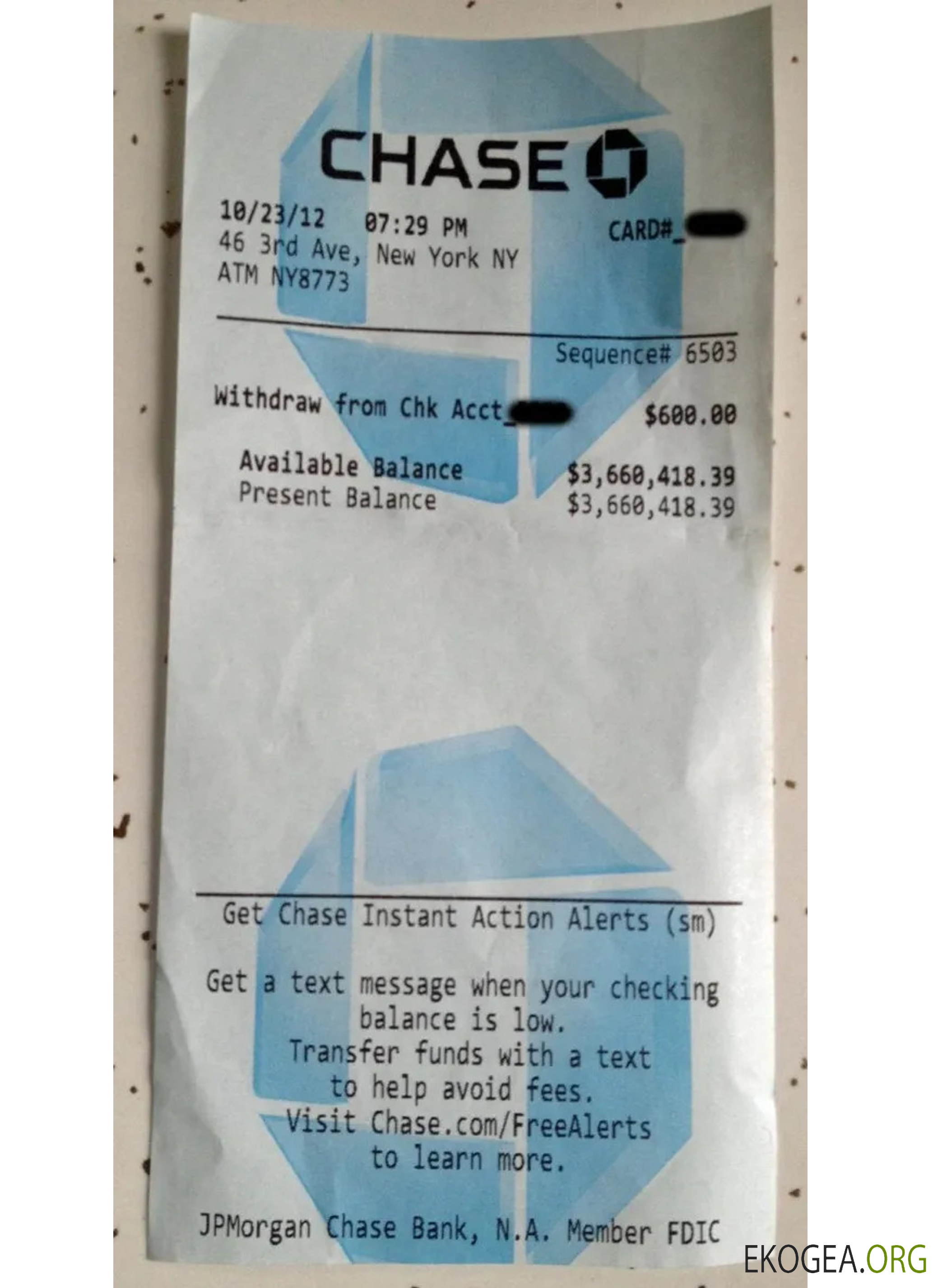 Reçu de paiement bancaire USA Chase